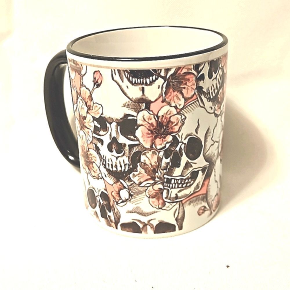 Coffee Mug,  full wrap floral and skulls, in pinks.
